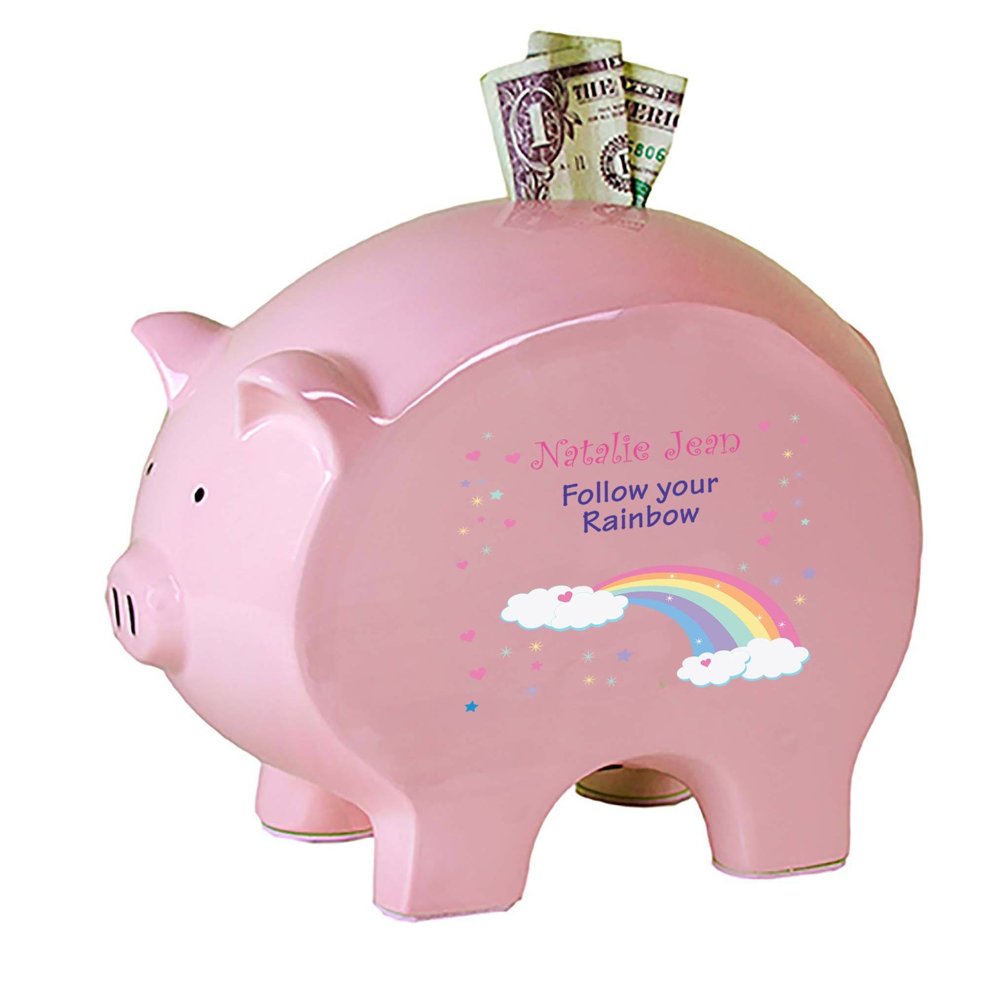 Personalized Pink Piggy Bank with Rainbow Pastel design