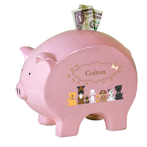 Personalized Pink Piggy Bank with Brown Dogs design