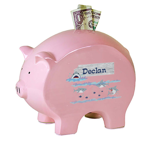 Personalized Pink Piggy Bank with Shark Tank design