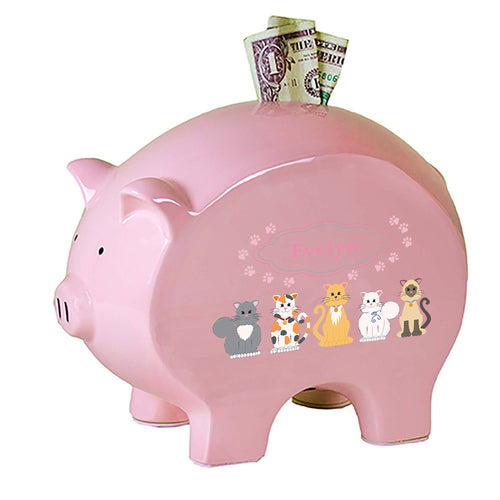 Personalized Pink Piggy Bank with Pink Cats design