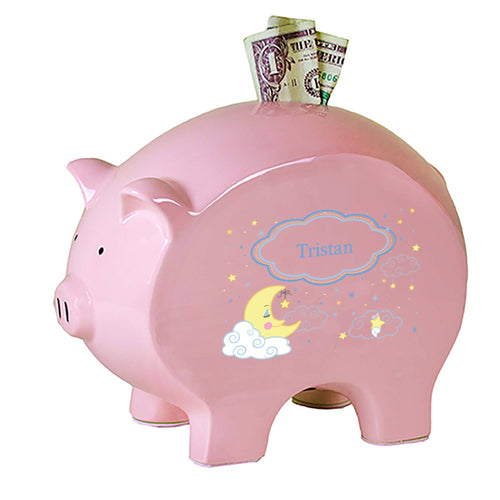 Personalized Pink Piggy Bank with Moon and Stars design