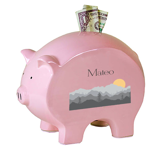 Personalized Pink Piggy Bank with Misty Mountain design
