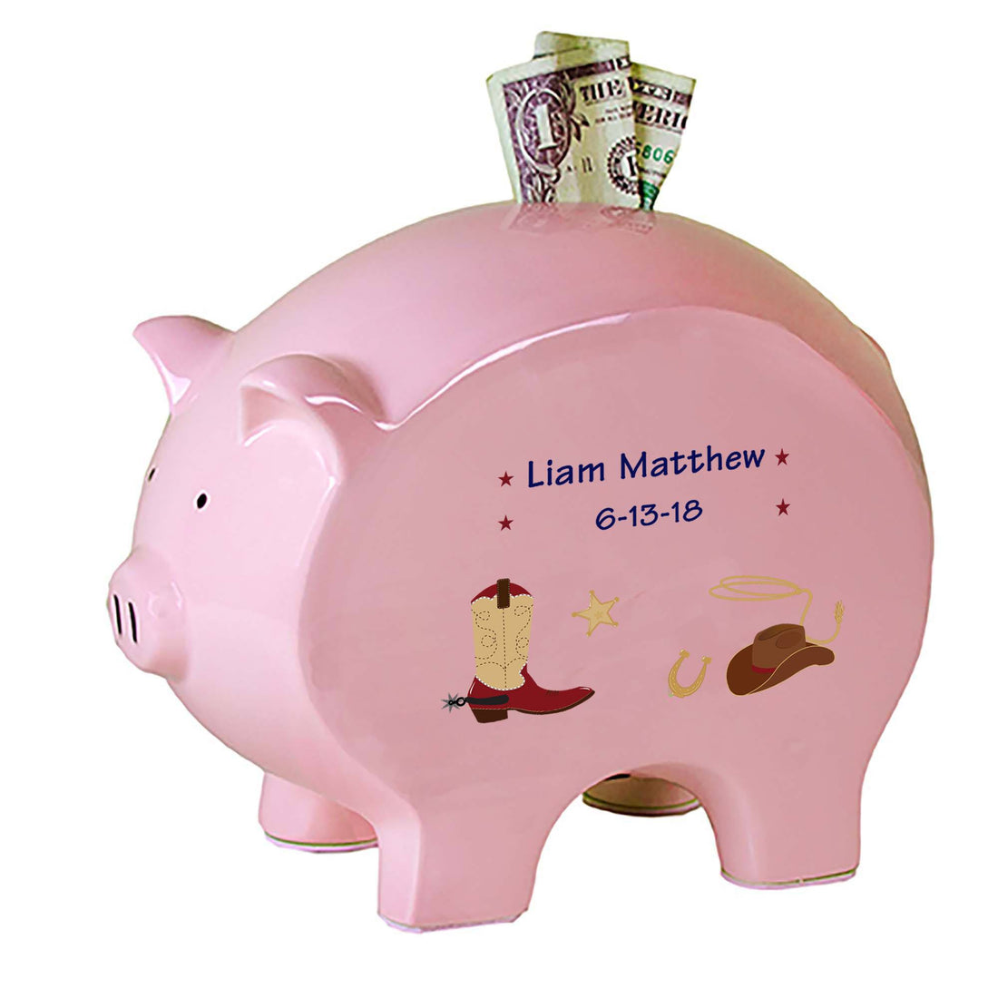 Personalized Pink Piggy Bank with Wild West design
