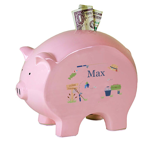 Personalized Pink Piggy Bank with Gone Fishing design