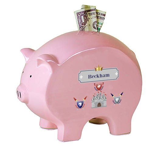 Personalized Pink Piggy Bank with Medieval Castle design