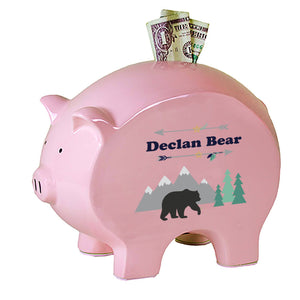 Personalized Pink Piggy Bank with Mountain Bear design