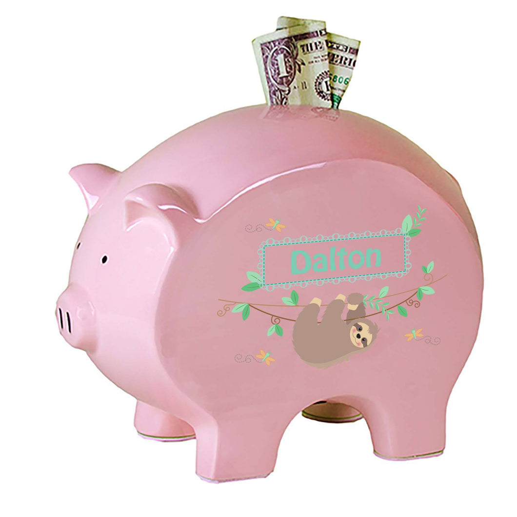 Personalized Pink Piggy Bank with Slothie design