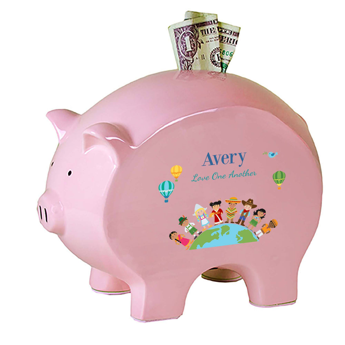 Personalized Pink Piggy Bank with Small World design