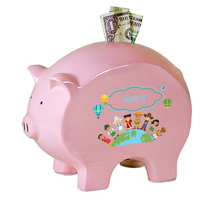 Personalized Pink Piggy Bank with Small World design