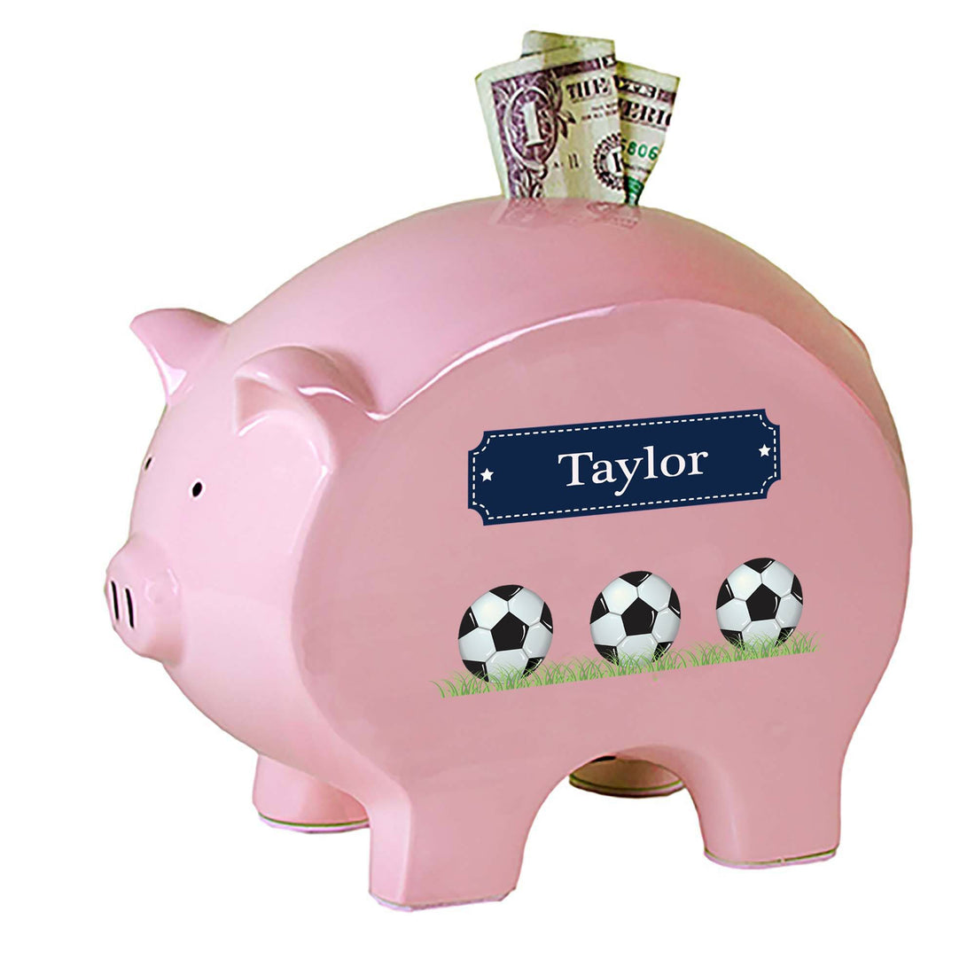 Personalized Pink Piggy Bank with Soccer Balls design