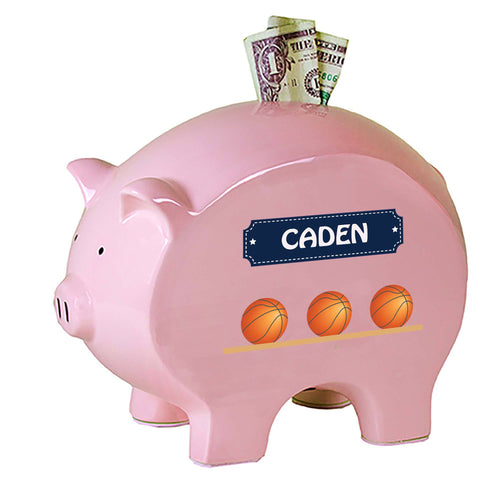 Personalized Pink Piggy Bank with Basketballs design