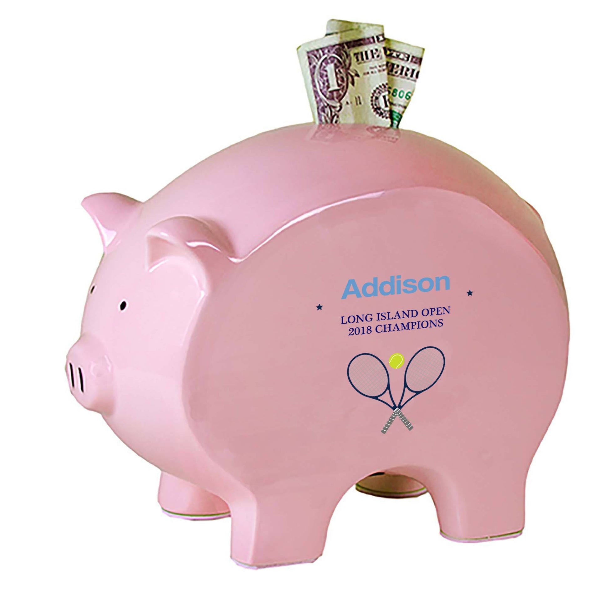 Personalized Pink Piggy Bank with Tennis design