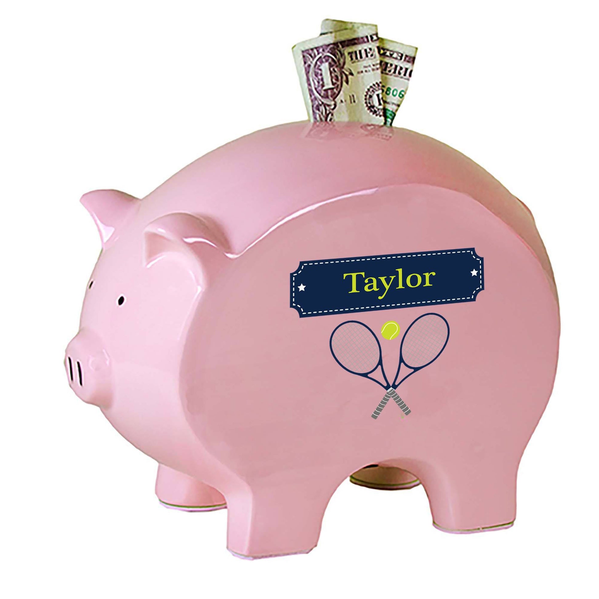 Personalized Pink Piggy Bank with Tennis design