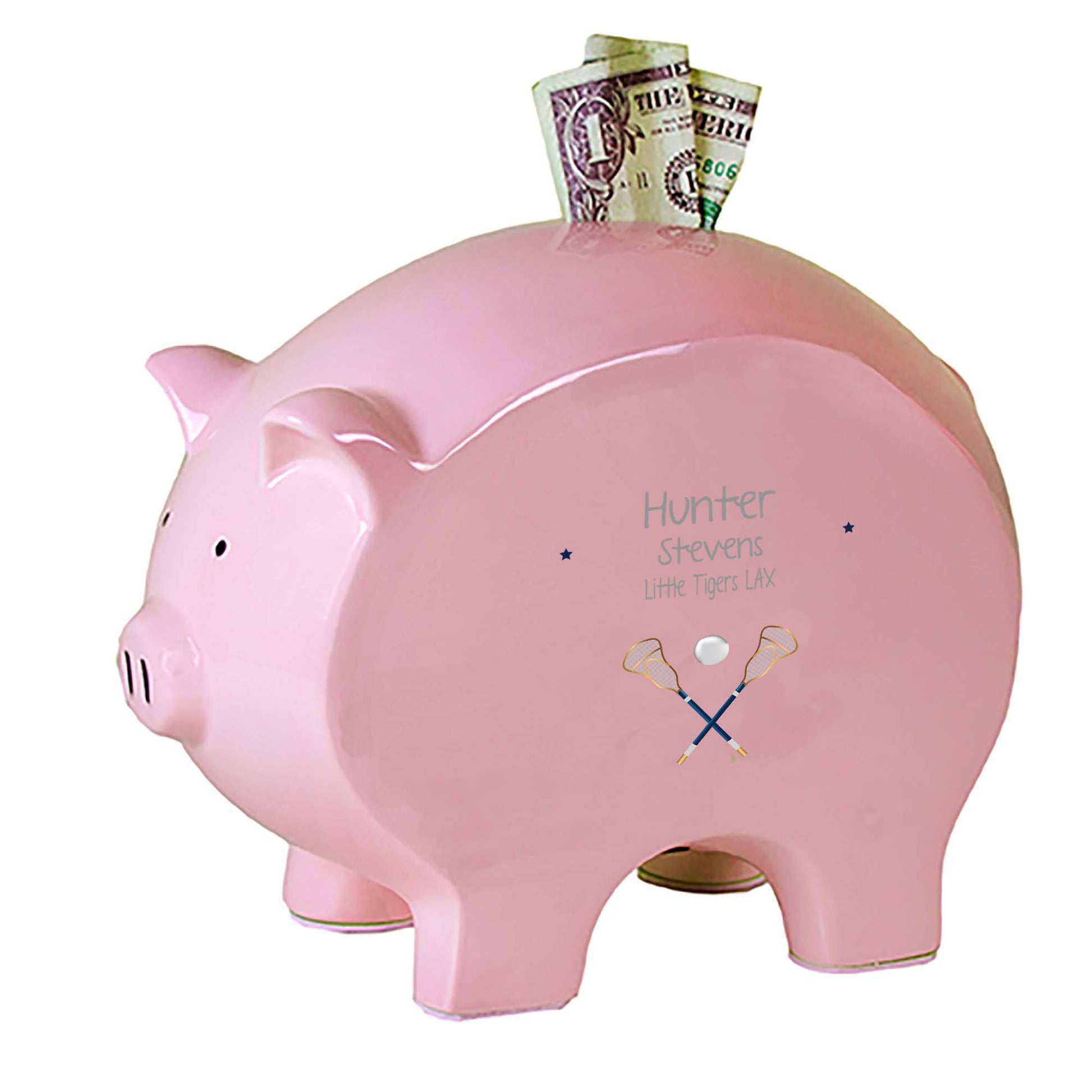 Personalized Pink Piggy Bank with Lacrosse Sticks design