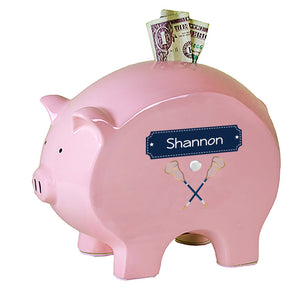 Personalized Pink Piggy Bank with Lacrosse Sticks design