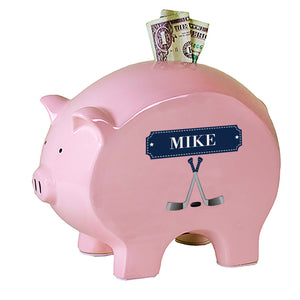 Personalized Pink Piggy Bank with Ice Hockey design