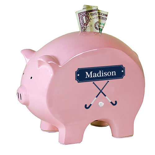 Personalized Pink Piggy Bank with Field Hockey design
