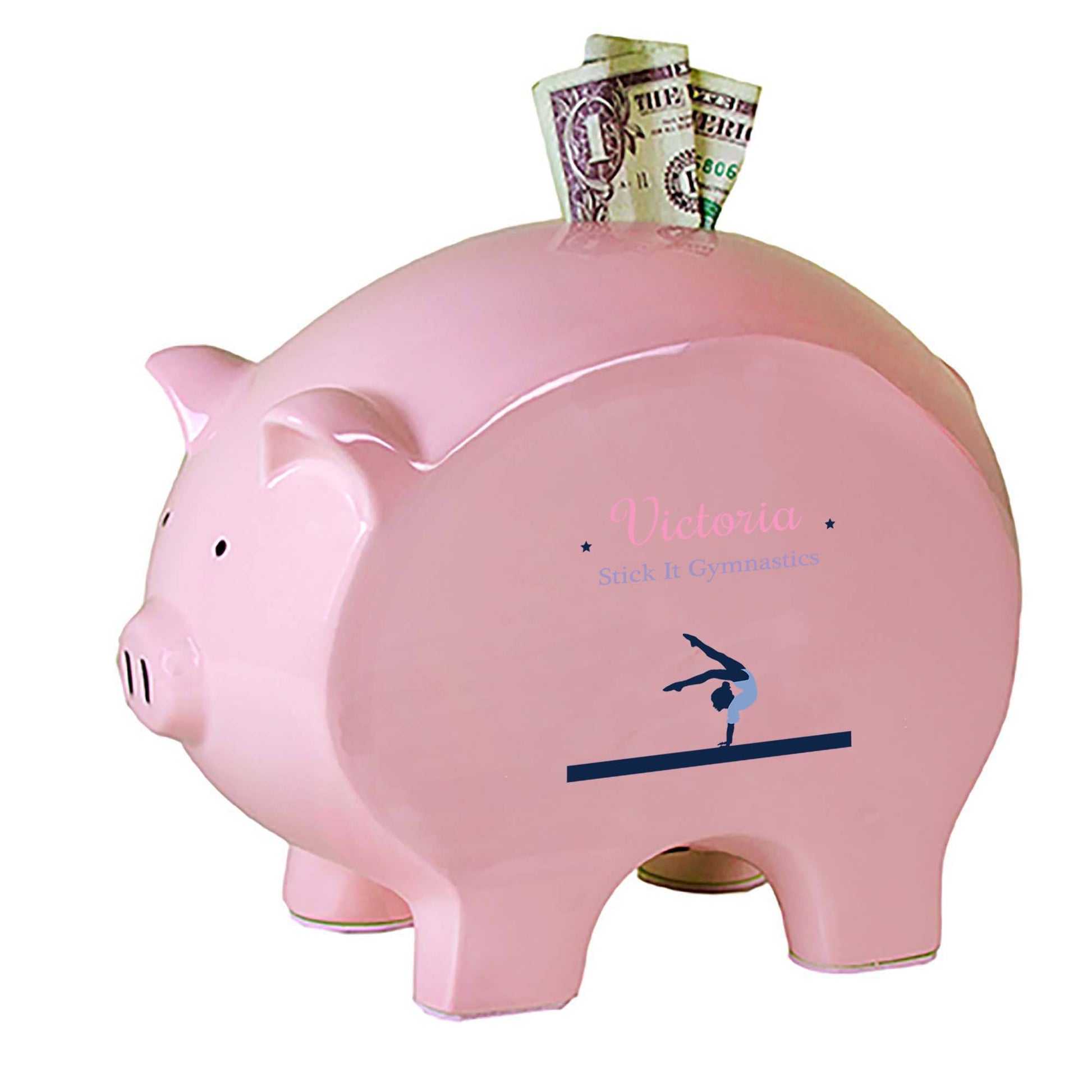 Personalized Pink Piggy Bank with Gymnastics design
