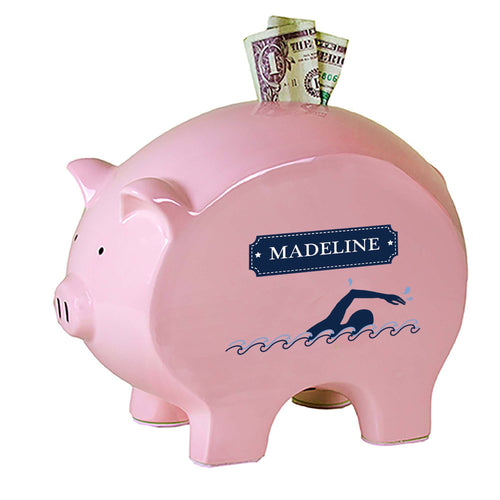 Personalized Pink Piggy Bank with Swim design