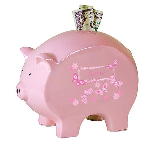 Personalized Pink Piggy Bank with Butterflies Pink design
