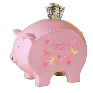 Personalized Pink Piggy Bank with Butterflies Yellow Pink design