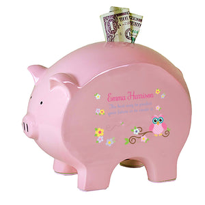 Personalized Pink Piggy Bank with Pink Owl design