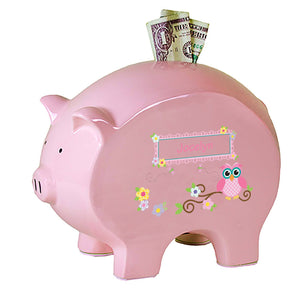 Personalized Pink Piggy Bank with Pink Owl design