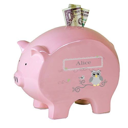 Personalized Pink Piggy Bank with Gray Owl design