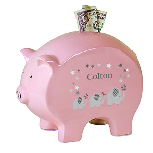 Personalized Pink Piggy Bank with Gray Elephant design