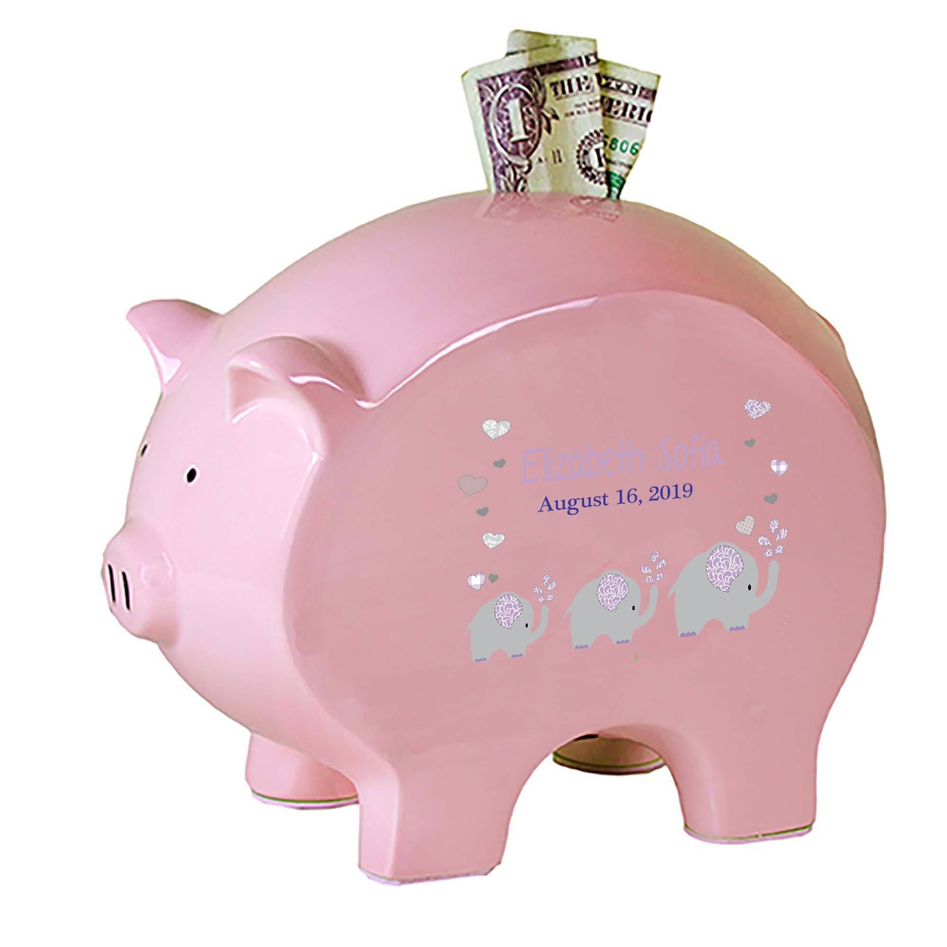 Personalized Pink Piggy Bank with Lavender Elephant design