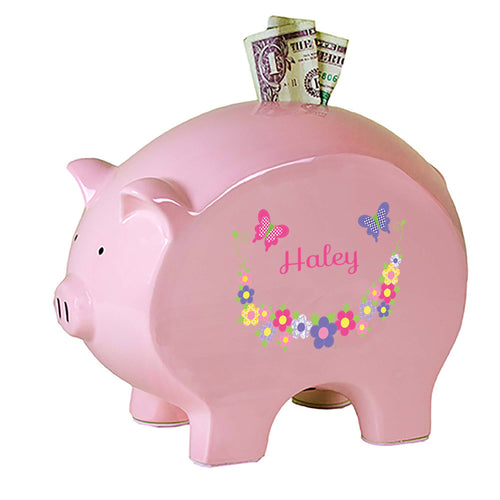 Personalized Pink Piggy Bank with Bright Butterflies Garland design