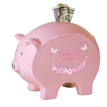 Personalized Pink Piggy Bank with Pink and Gray Butterflies design