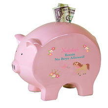 Personalized Pink Piggy Bank with Ponies Prancing design