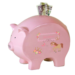 Personalized Pink Piggy Bank with Ponies Prancing design