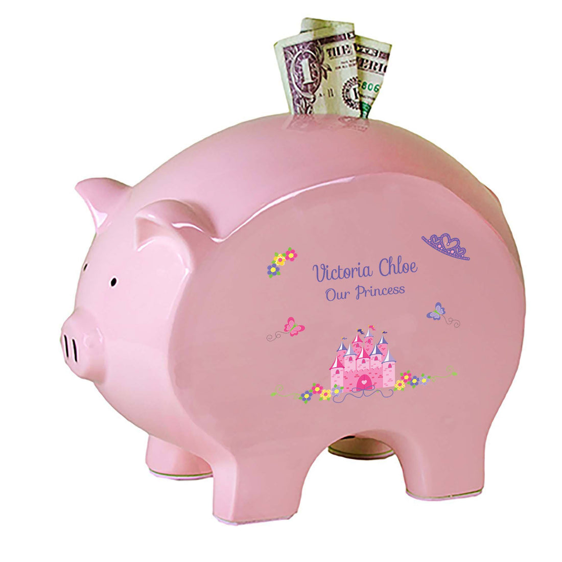Personalized Pink Piggy Bank with Princess Castle design