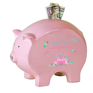 Personalized Pink Piggy Bank with Pink Teal Princess Castle design