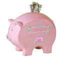 Personalized Pink Piggy Bank with Pink Teal Princess Castle design