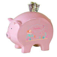 Personalized Pink Piggy Bank with Mermaid Princess design