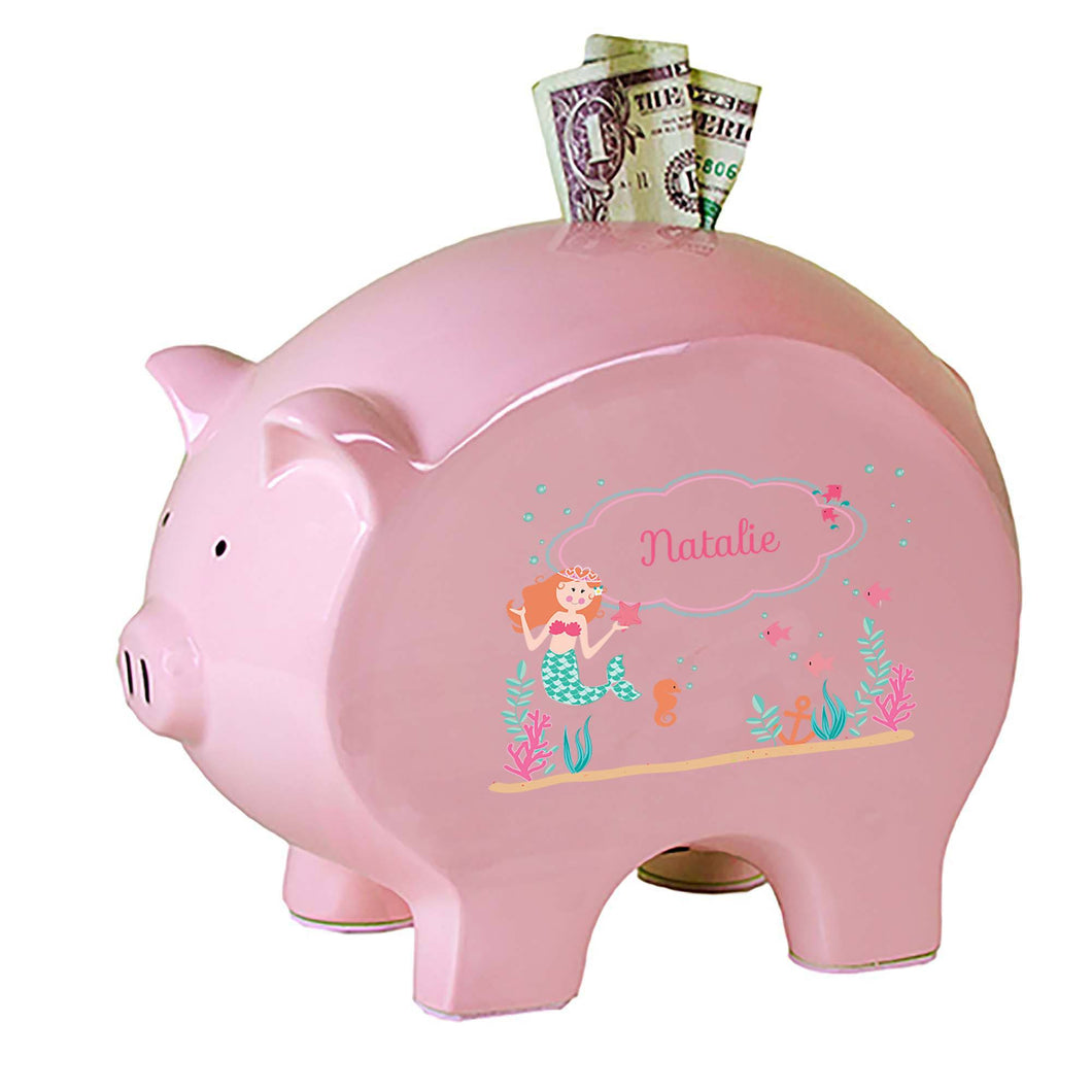 Personalized Pink Piggy Bank with Mermaid Princess design