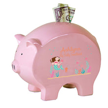 Personalized Pink Piggy Bank with Brunette Mermaid Princess design