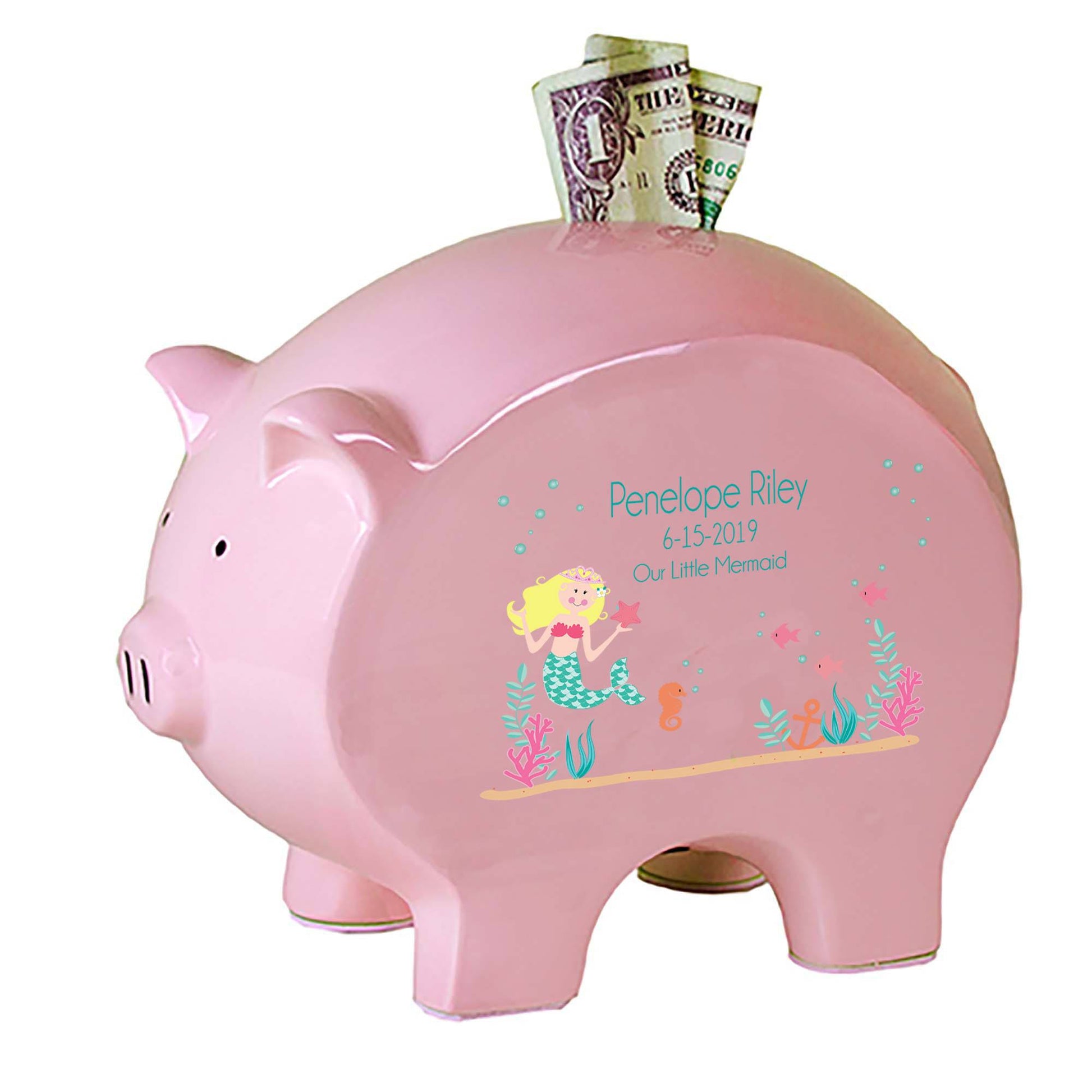 Personalized Pink Piggy Bank with Blonde Mermaid Princess design