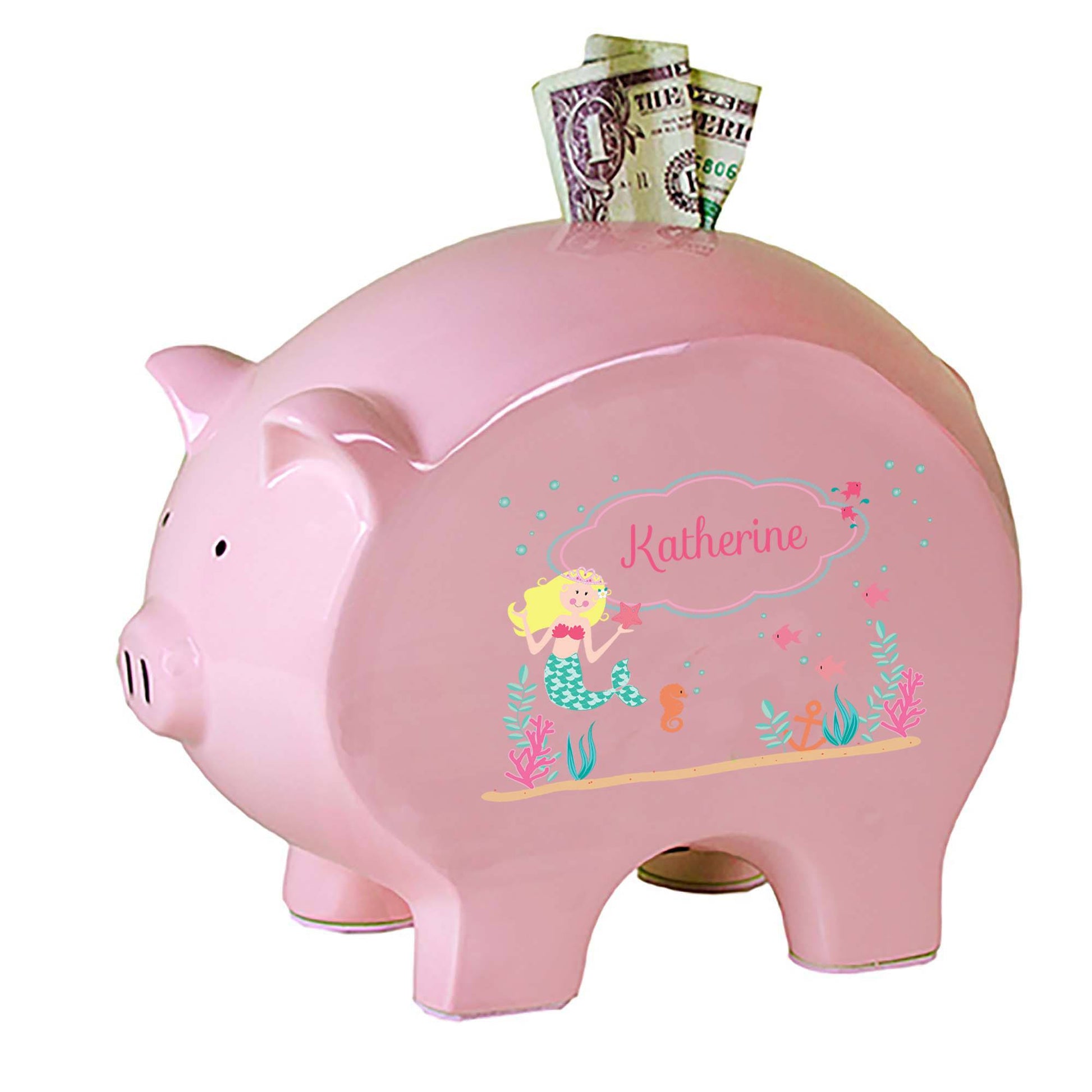 Personalized Pink Piggy Bank with Blonde Mermaid Princess design