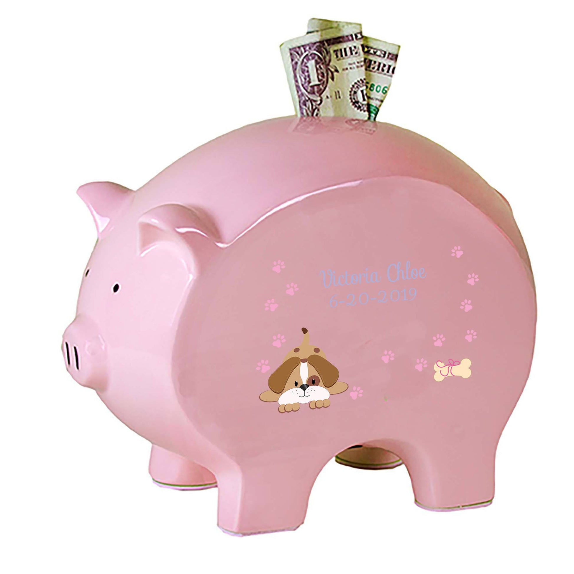 Personalized Pink Piggy Bank with Pink Puppy design