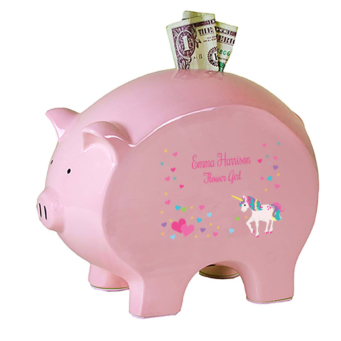 Personalized Pink Piggy Bank with Unicorn design
