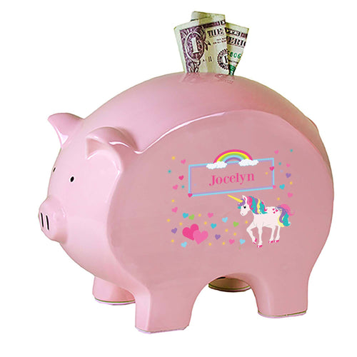 Personalized Pink Piggy Bank with Unicorn design