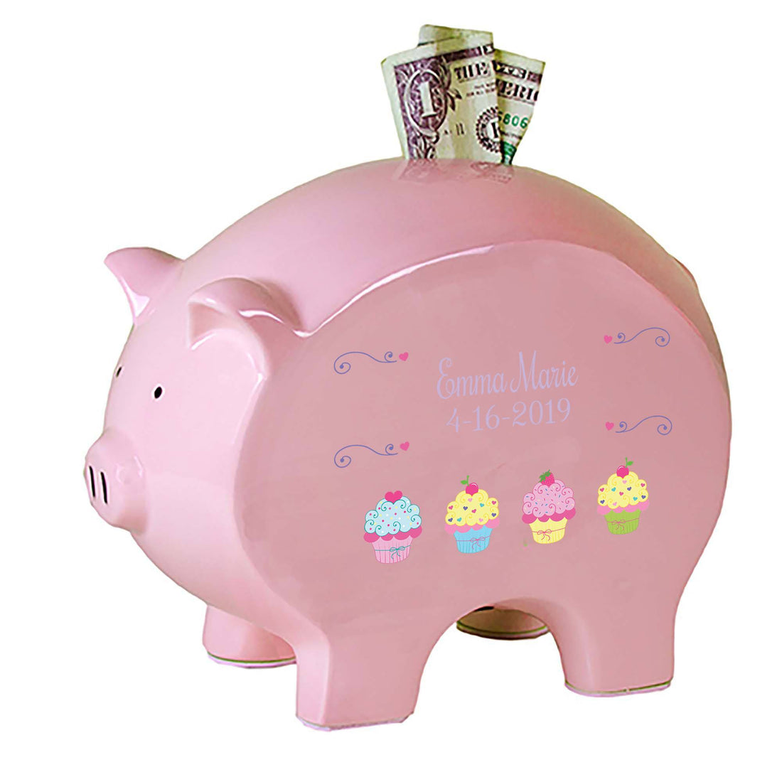Personalized Pink Piggy Bank with Cupcake design