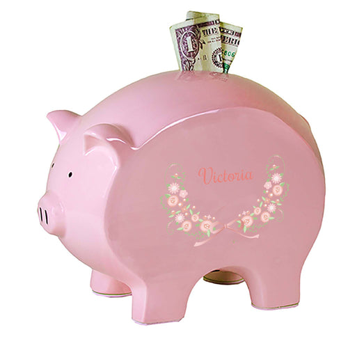 Personalized Pink Piggy Bank with Blush Floral Garland design