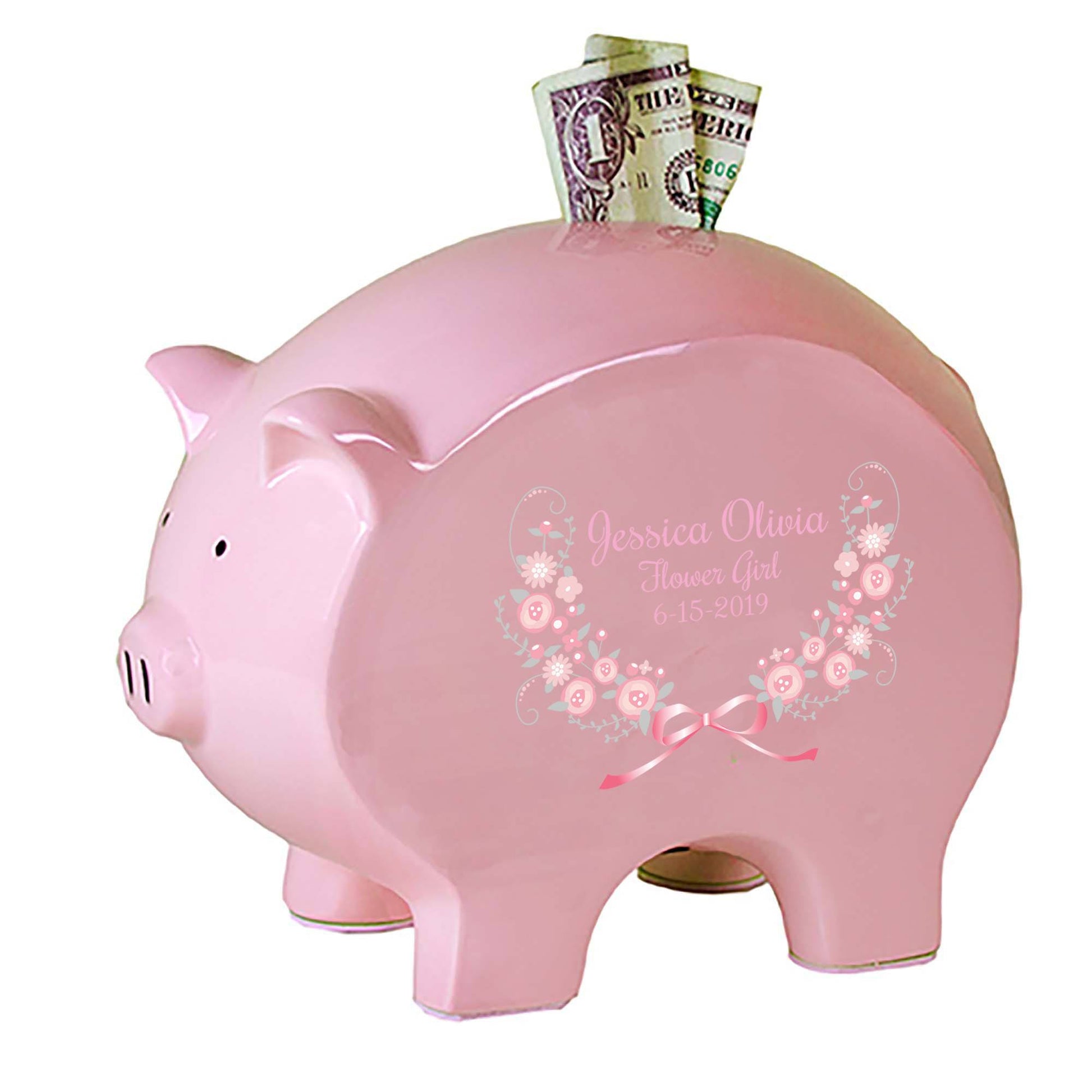 Personalized Pink Piggy Bank with Pink Gray Floral Garland design