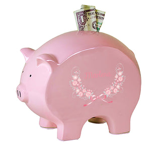 Personalized Pink Piggy Bank with Pink Gray Floral Garland design