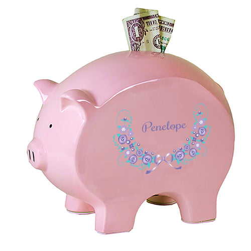 Personalized Pink Piggy Bank with Lavender Floral Garland design
